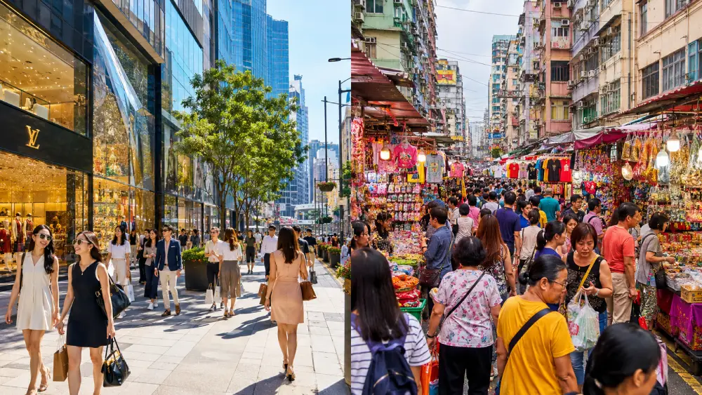 A visual comparison of a modern Hong Kong shopping district and a crowded traditional market street.