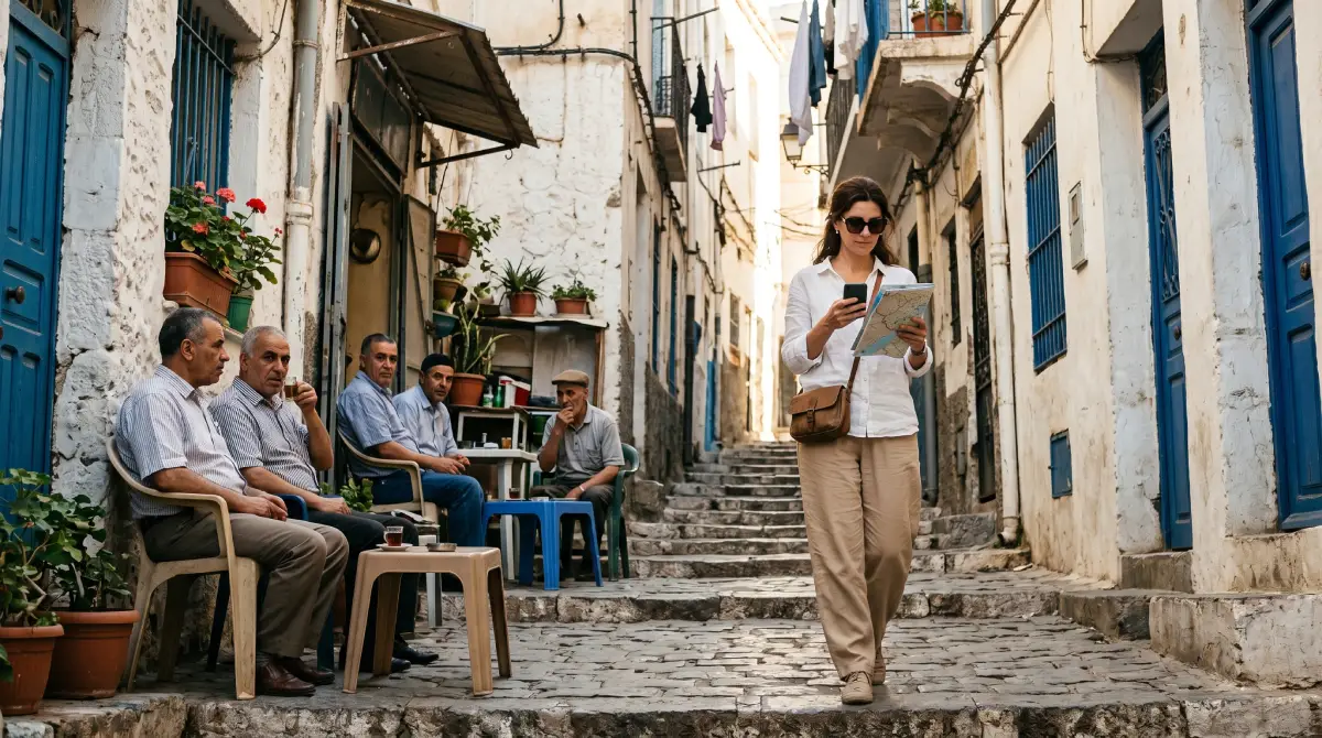 امرأة مسافرة واثقة تسير عبر القصبة الجزائرية، توضح الوعي بالوضع وسلامة الشارع في بيئة تقليدية.