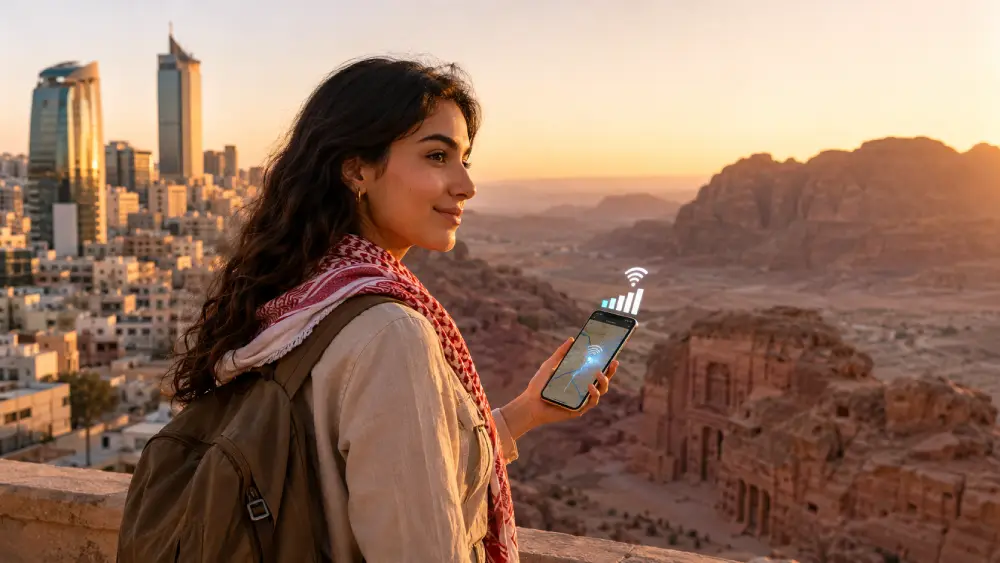 Ein Reisender in Jordanien, der ein Smartphone mit starkem Mobilfunksignal benutzt, während er zwischen einer städtischen Umgebung und einer Wüstenlandschaft steht.