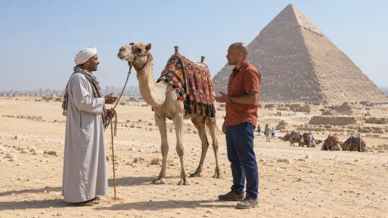 Visitor and camel handler discussing ride arrangements on level ground at Giza.