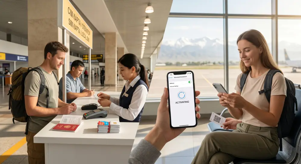 Reisender vergleicht den Kauf einer lokalen SIM-Karte an einem Flughafen-Kiosk mit der Bequemlichkeit der eSIM-Einrichtung.