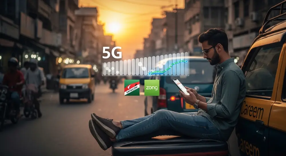 一位旅行者在巴基斯坦繁忙的街市中安全地使用智能手机进行移动支付和导航，突显通过eSIM的连接性。