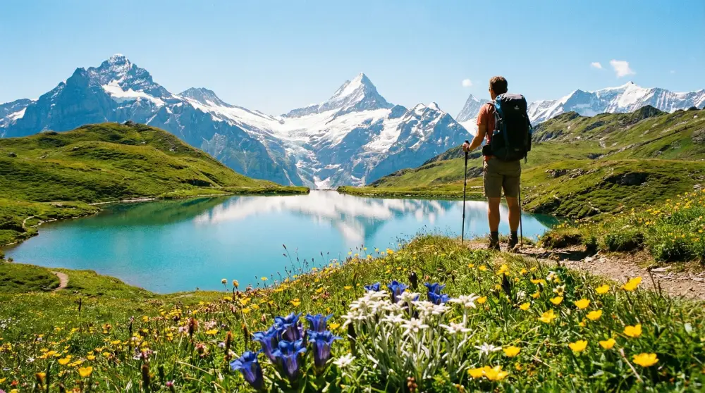 A hiker looking at a turquoise alpine lake surrounded by wildflowers in the Swiss Alps during summer.