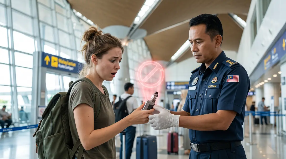 一名游客震惊地看着马来西亚机场安保人员没收电子烟。