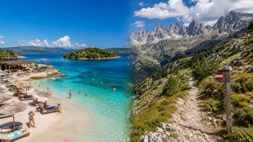 Geteilte Ansicht, die die lebhaften Touristenstrände der albanischen Riviera mit den abgelegenen, rauen Wanderwegen der albanischen Alpen vergleicht.