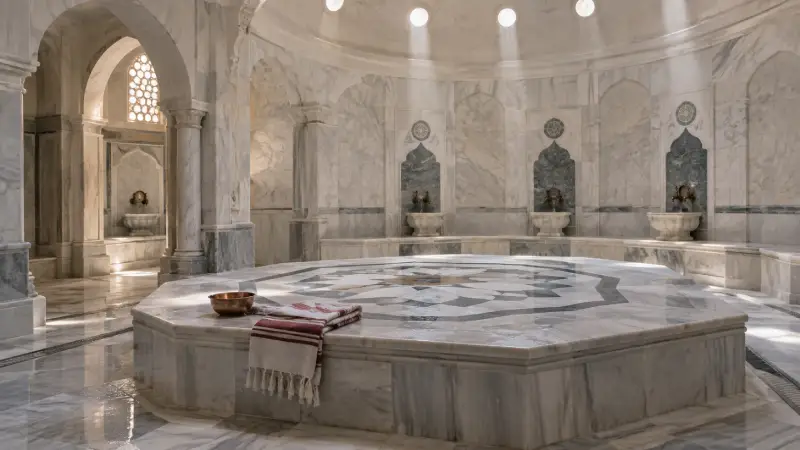 Illustrative Istanbul hammam interior with a marble platform, washing basins and daylight filtering through the dome.