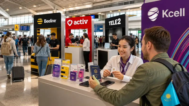 A traveler buying and registering a local SIM card at a mobile operator kiosk inside a Kazakhstan airport.