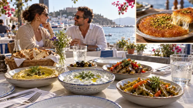 Shared Turkish meze dishes with a separate close-up of cheese-filled künefe.