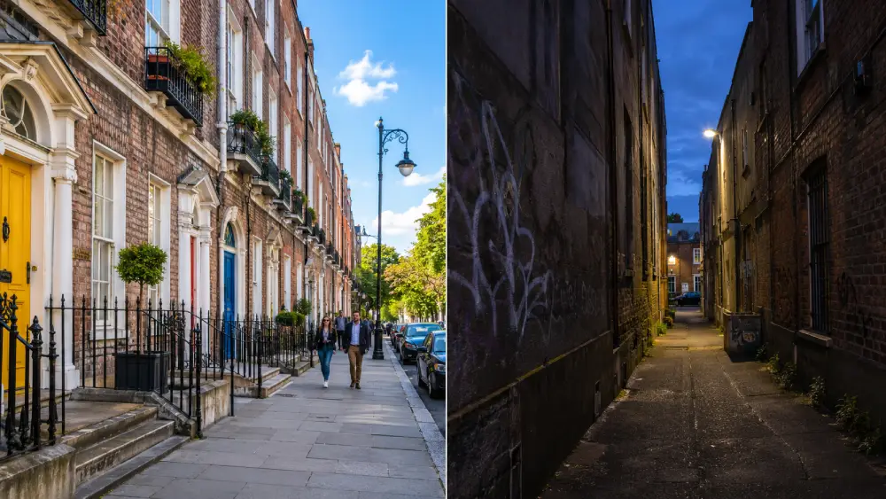 Una vista dividida de una tranquila calle georgiana de Dublín y un callejón urbano sombrío al anochecer.