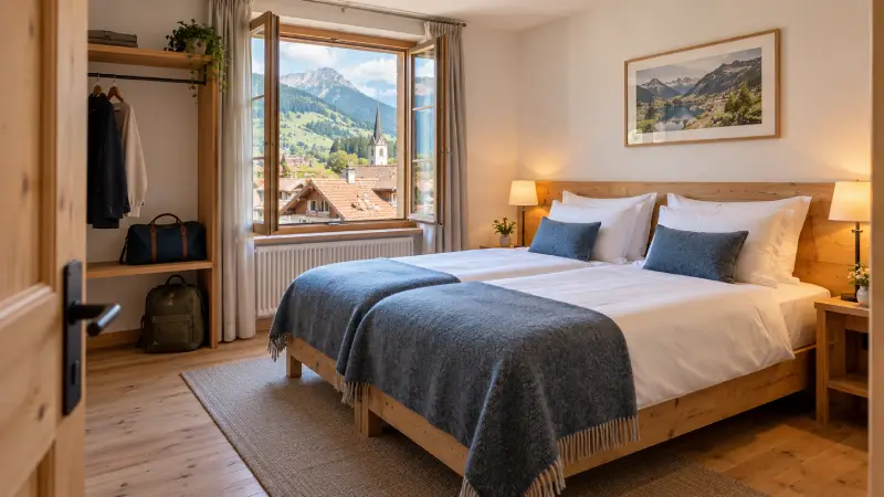 Swiss guesthouse double room with joined beds, timber furnishings and an open window.