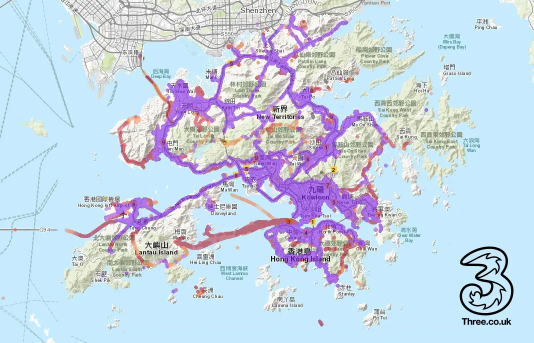3 Hong Kong (Hutchison) provides broad citywide coverage across most urban and residential areas.