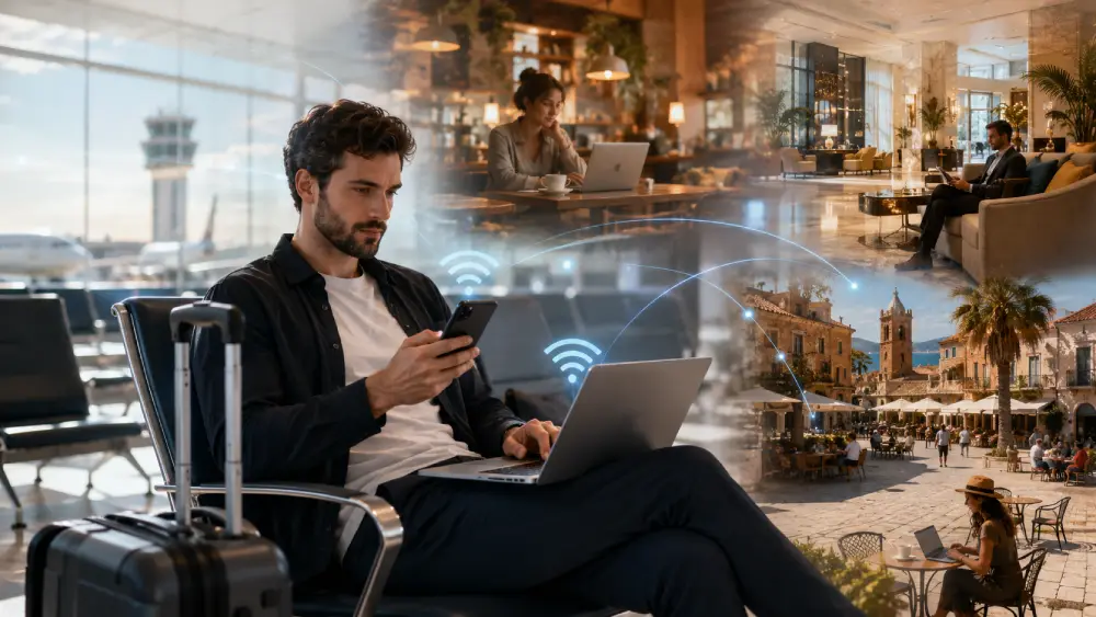 Reisender nutzt kostenloses WiFi in einer Flughafenlounge und einem öffentlichen Café in Nordzypern.