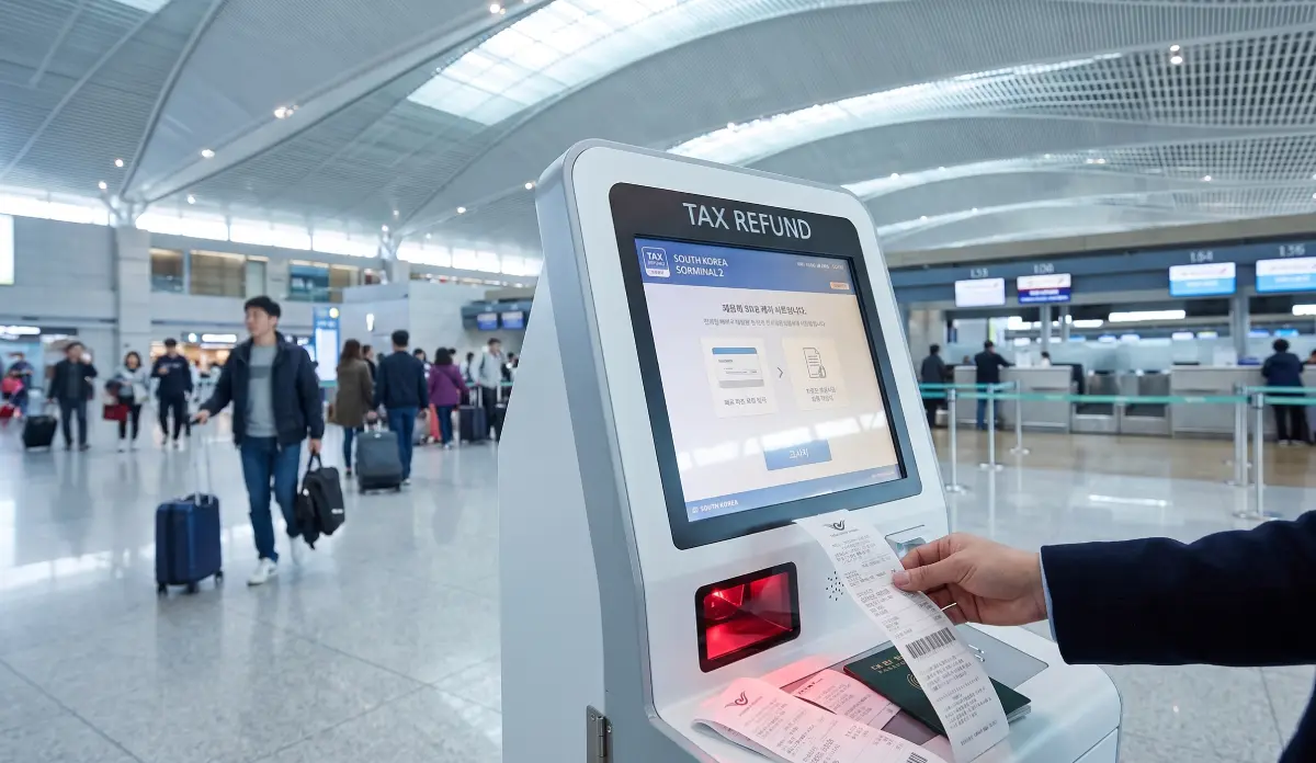 一位旅客在仁川国际机场的自助数字退款自助机上扫描免税收据。