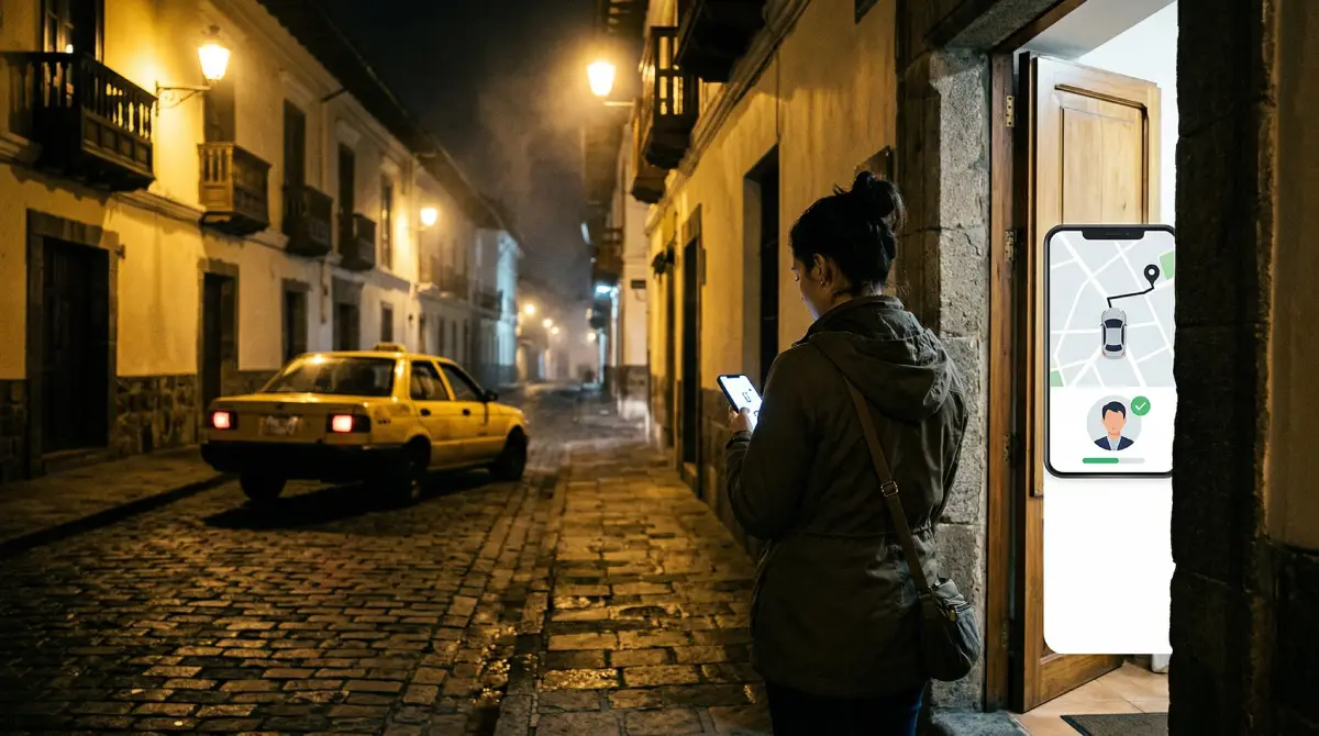 Un turista pidiendo de manera segura un viaje verificado desde su teléfono en Quito, Ecuador, evitando los riesgos de taxis callejeros no registrados por la noche.