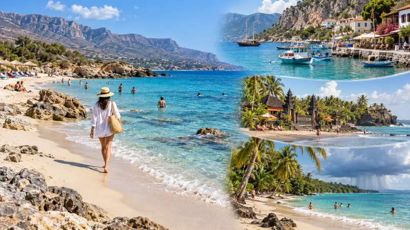 Scènes de plages en septembre en Crète, à Kaş, à Bali et dans le sud des Caraïbes du Costa Rica, avec une pluie tropicale visible au large.
