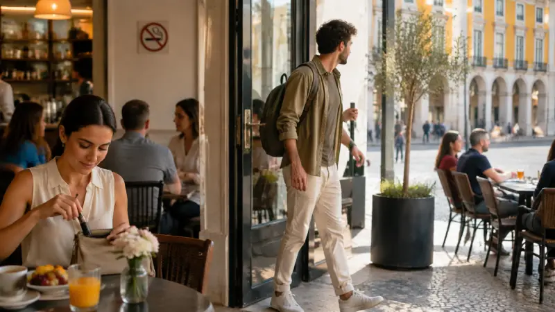 Travelers at a Portuguese café or hotel terrace following indoor smoking and vaping restrictions.