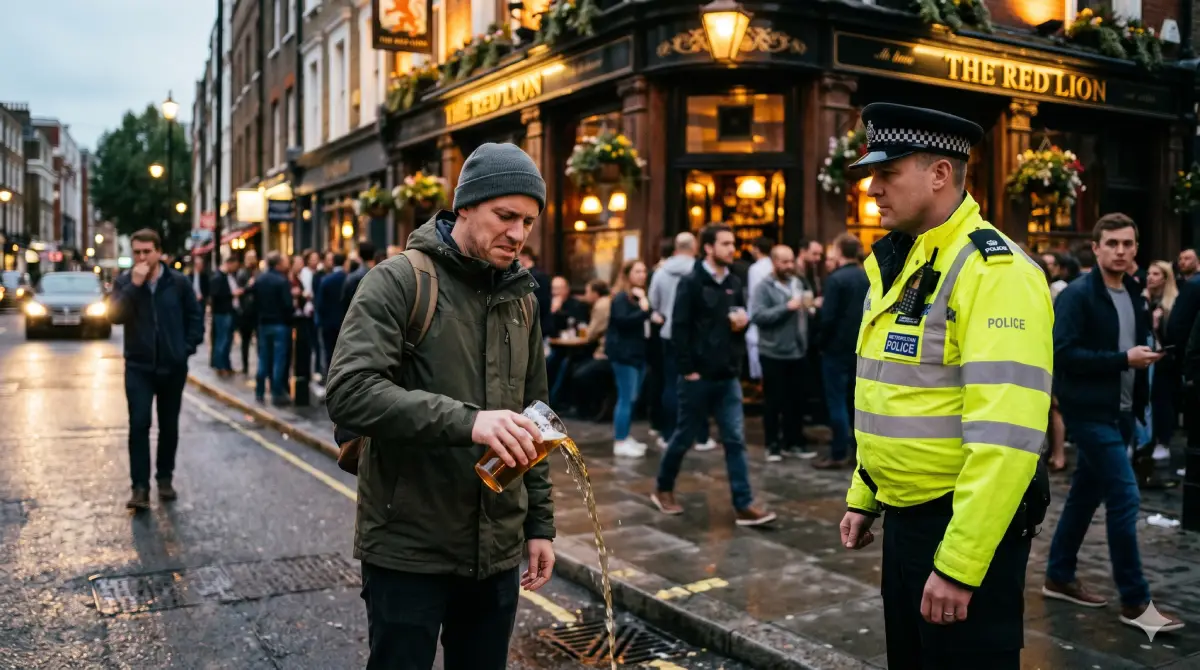 Un turista vertiendo una bebida alcohólica frente a un oficial de policía del Reino Unido en una calle de la ciudad.