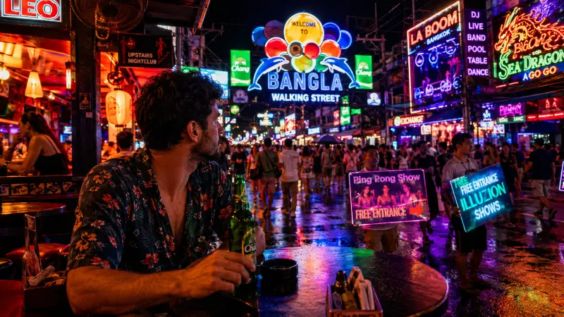 A solo male traveler sitting at an open-air bar on a chaotic, neon-lit street in Phuket, observing the nightlife environment.
