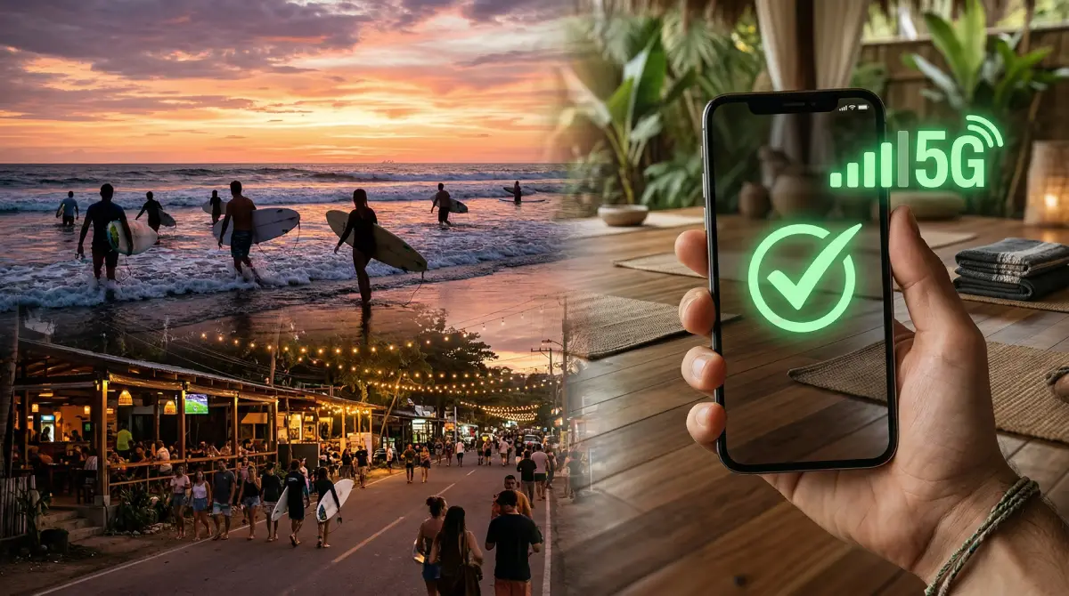 Surfistas saliendo del océano al atardecer en la playa de Tamarindo mientras una escena pacífica de un retiro de yoga de alta gama en Nosara ilustra el bienestar refinado y conectado, Costa Rica.