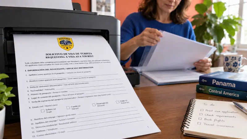 Traveller collecting a printout of Panama&rsquo;s blank tourist-visa application from a home printer.