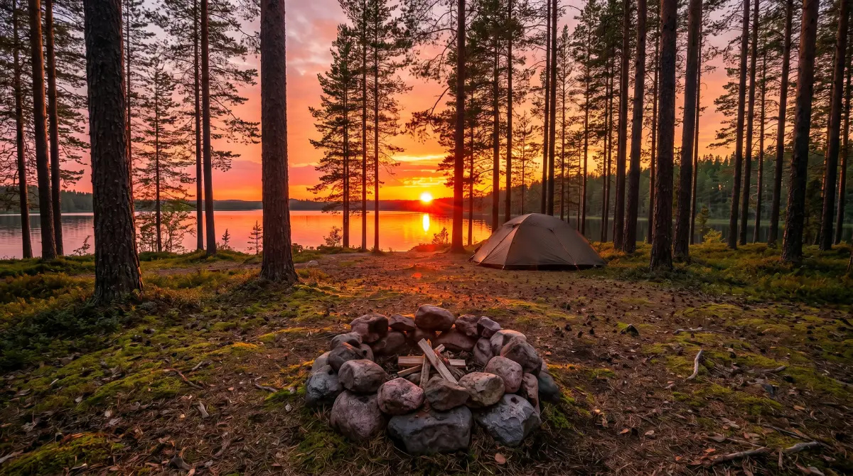 A makeshift stone campfire in a Finnish pine forest, set against the backdrop of sunset, created to avoid harming nature.