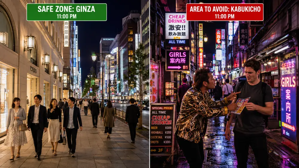 Uma comparação lado a lado de uma rua segura e elegante em Ginza e um beco de vida noturna tenso e de alta pressão em Roppongi à noite.