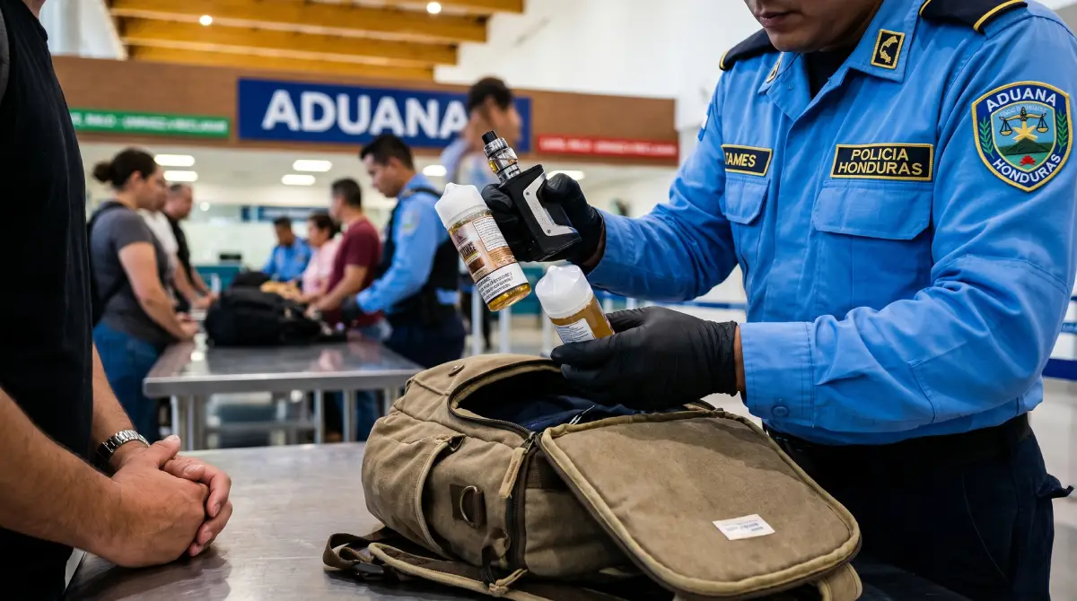A close-up shot of a customs officer inspecting e-cigarette liquid and a device in a tourist's backpack at a Honduras airport customs control.