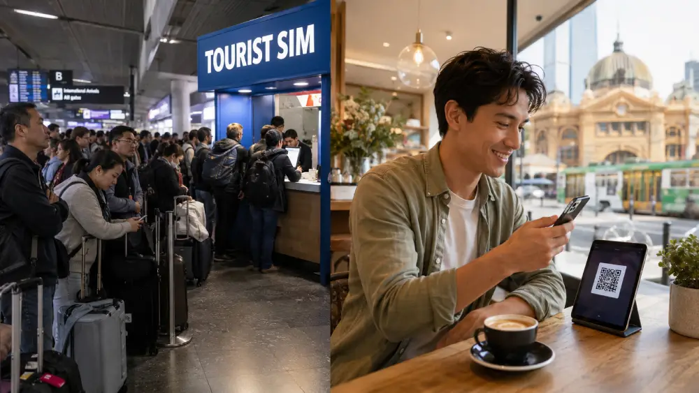 visualization contrasting a stressful, long queue at an airport SIM kiosk with the relaxed ease of activating an eSIM in a city cafe.