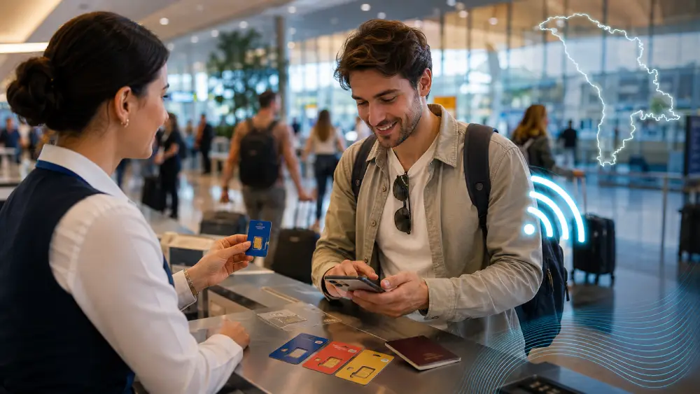Turista che acquista una SIM card dopo essere arrivato all'Aeroporto Internazionale di Chișinău in Moldova.