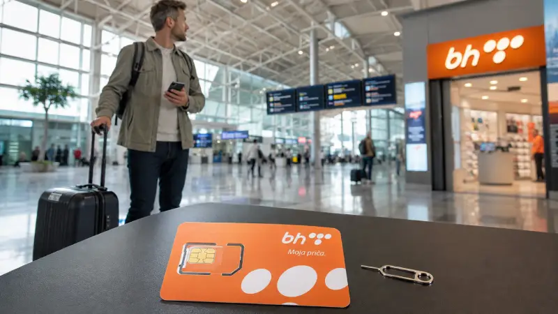 Traveler preparing to buy a local SIM after arriving at Sarajevo International Airport in Bosnia and Herzegovina.