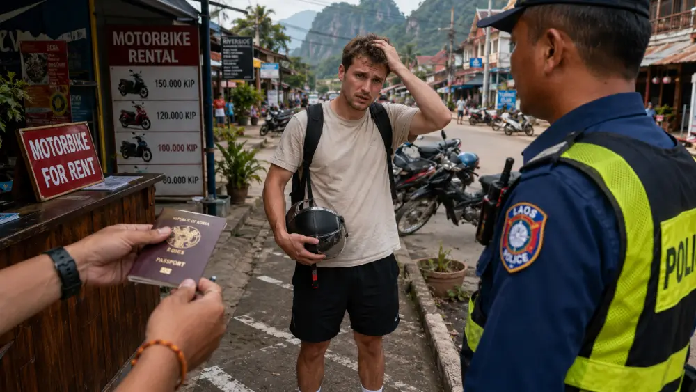 A distressed tourist reports a missing motorbike to police, illustrating the rental extortion scam.