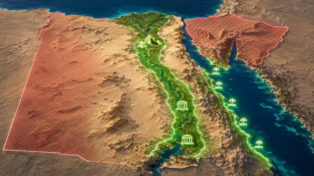 Egypt's 3D topographic map shows the Nile Valley and Red Sea resorts as green safe zones, while the desert boundaries are shown as red risky zones.