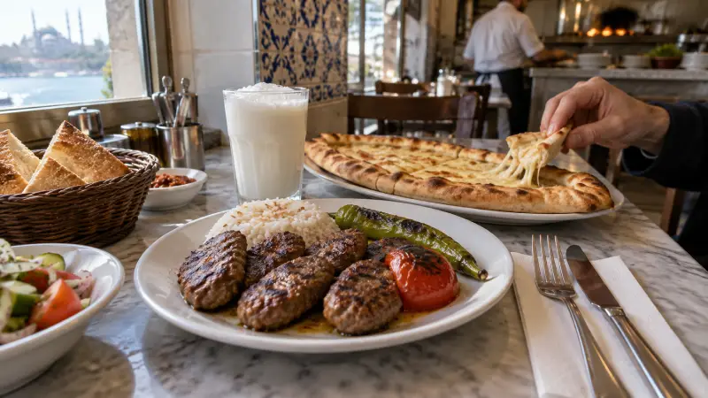 Köfte, pide met kaas en ayran op een marmeren tafel in een informeel restaurant in Istanbul.