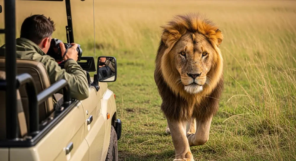 一只巨大的雄狮走得非常靠近一辆游客狩猎吉普车,显示了待在车内的重要性。