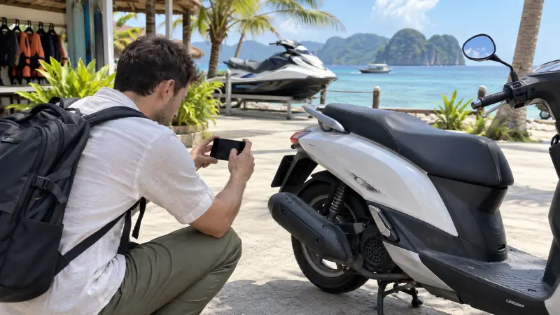 Un voyageur photographiant le panneau latéral d'un scooter de location, avec un jet-ski sur un berceau de stockage à l'arrière-plan.
