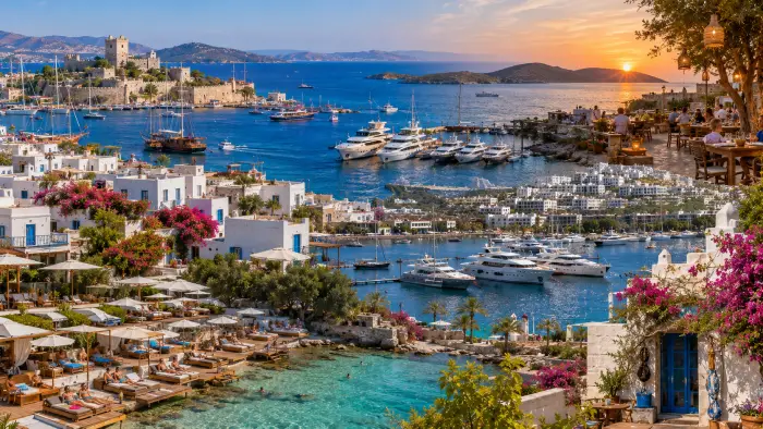 Bodrum Castle, whitewashed houses, luxury marinas, a beach club, and waterfront dining on the Bodrum Peninsula.