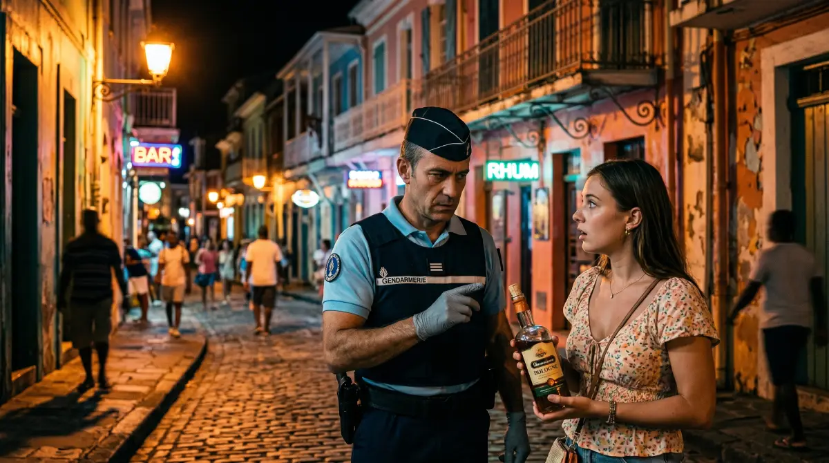 A tourist with an open alcoholic drink being approached by local authorities on a dark cobblestone street in Guadeloupe.