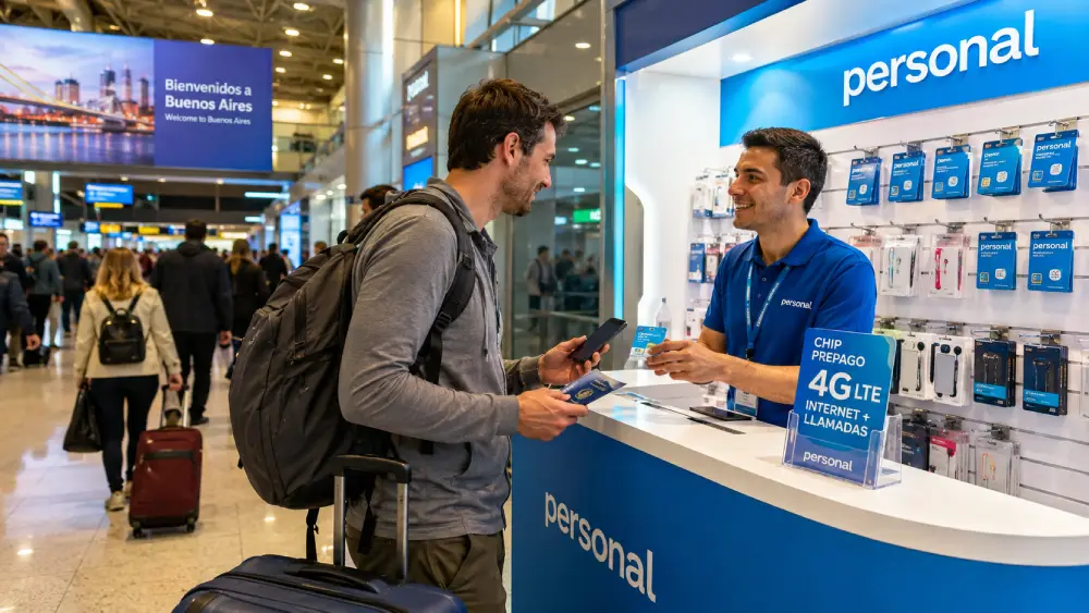 Viaggiatore che acquista una SIM card in un chiosco dell’aeroporto in Argentina dopo l’arrivo.