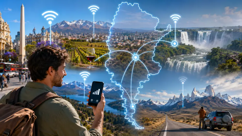 Traveler checking mobile signal strength with visuals representing network coverage across cities and remote regions in Argentina.