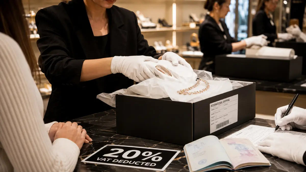 Ręce przygotowujące luksusowe buty i naszyjnik do bezpodatkowej międzynarodowej wysyłki z londyńskiego butiku w ramach procesu zwrotu VAT przy bezpośrednim eksporcie.