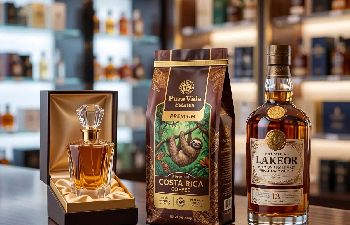 Premium Costa Rican coffee, artisan chocolate, and luxury perfume arranged on a sleek airport duty-free counter.