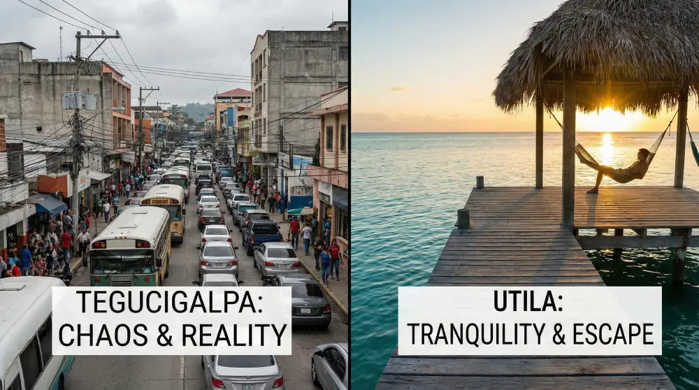 Ein Vergleich, der die belebten Straßen von Tegucigalpa mit den friedlichen Stränden der Bay Islands in Honduras zeigt.