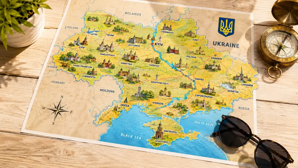 Un colorido mapa turístico de Ucrania exhibido sobre una mesa de madera junto a una brújula y un par de gafas de sol.