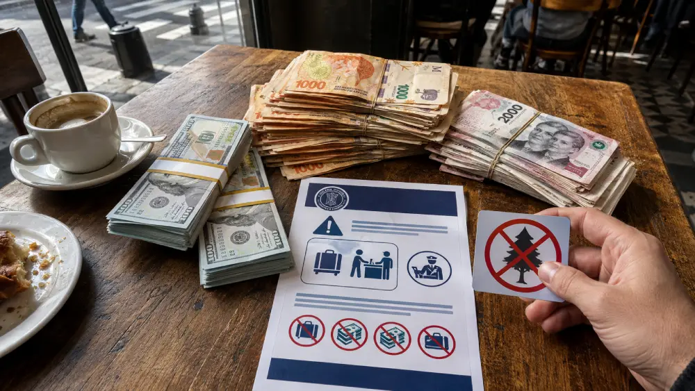 Una fotografía cenital de grandes fajos de pesos argentinos y dólares estadounidenses sobre una mesa, con un cartel oficial de Aduanas que recuerda a los viajeros declarar cantidades de efectivo superiores a 10.000 USD.