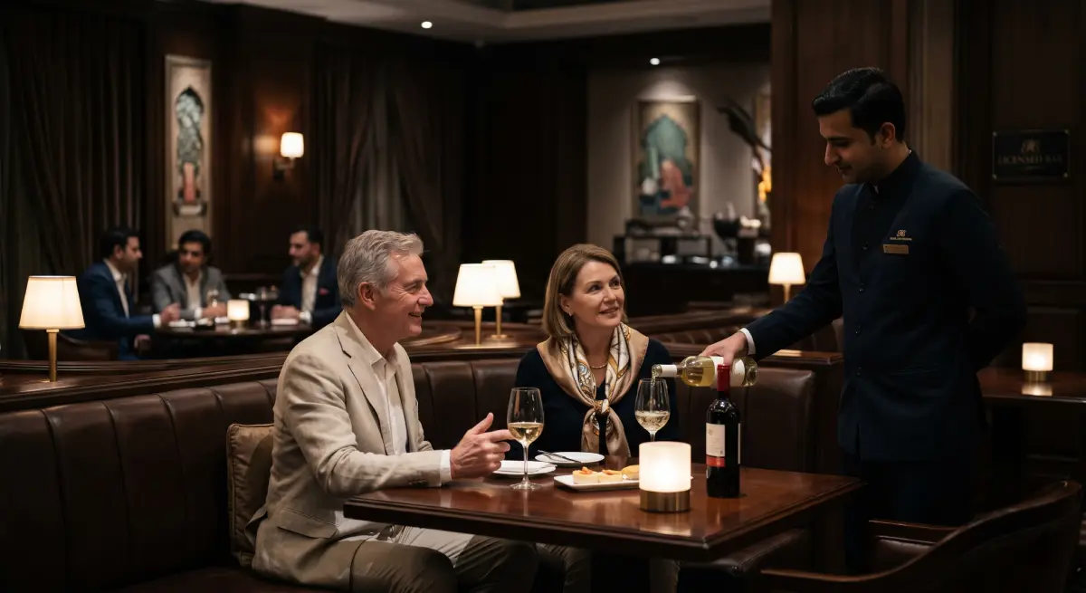 Foreign tourists discretely enjoying a glass of wine inside a licensed hotel bar in Karachi, reflecting Pakistan's restrictions on alcohol consumption.