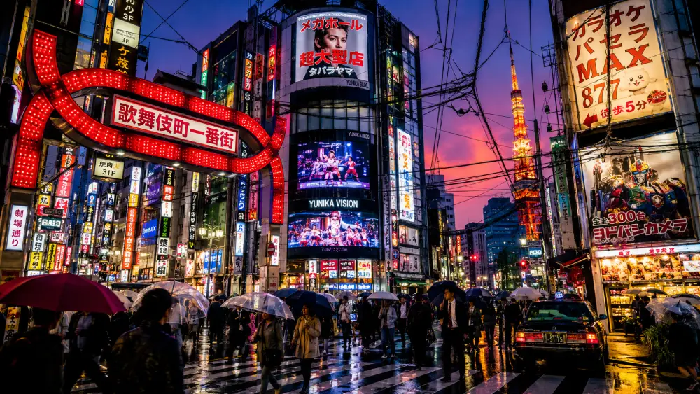 A colorful nighttime photograph capturing the lively atmosphere of Tokyo's Shinjuku district, with neon signs, pedestrians, and Tokyo Tower visible in the distance.