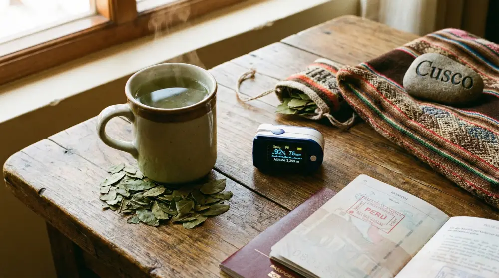 Foto de cima de remédios para o mal de altitude no Peru, incluindo chá de coca e um oxímetro de pulso em Cusco.