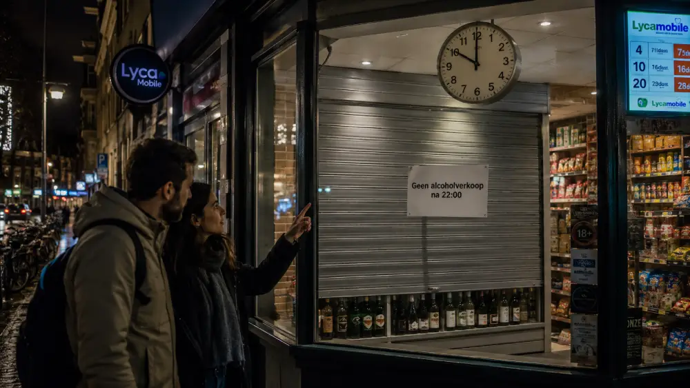 A nighttime photograph taken outside an Amsterdam convenience store