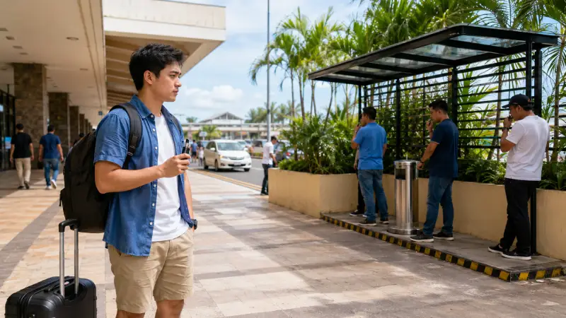 Voyageur près d’une zone fumeurs ou de vapotage désignée à l’extérieur d’un lieu public aux Philippines.