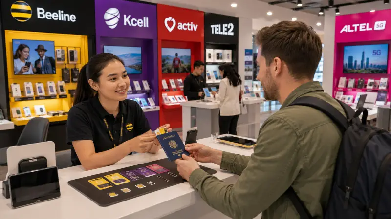 A tourist purchasing and registering a prepaid SIM card at an official mobile operator store in Kazakhstan.